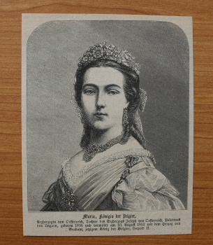 Holzstich Maria Königin der Belgier 1866 Belgien Erzherzogin von Österreich Tochter Erzherzog Joseph